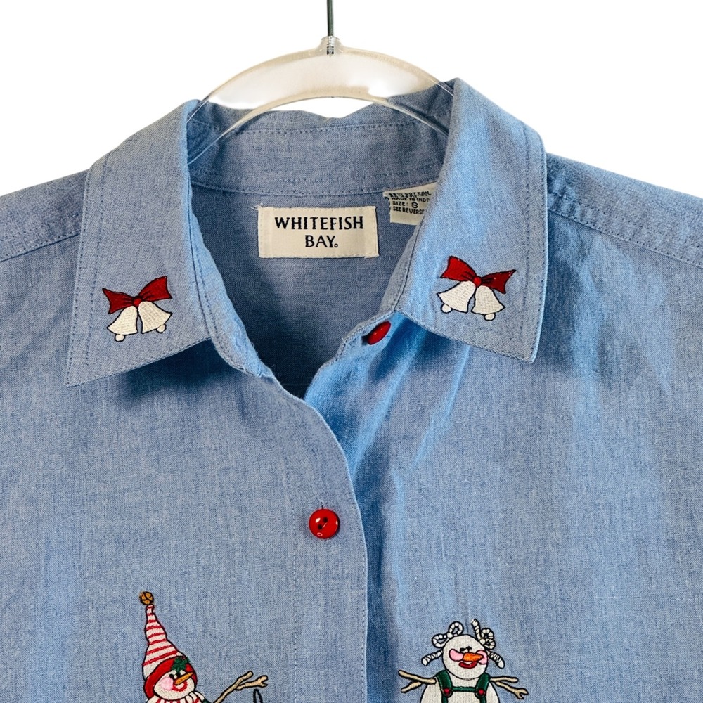 Vtg Christmas Snowman Shirt Chambray Denim Holiday Button Down Top S Festive - Picture 11 of 11